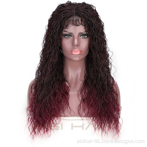 Aisi Hair Ombre Wine Red Lace Front Long Braided Wigs For Women Senegalese Twist Braided Lace Front  Synthetic Long Wavy Wigs
